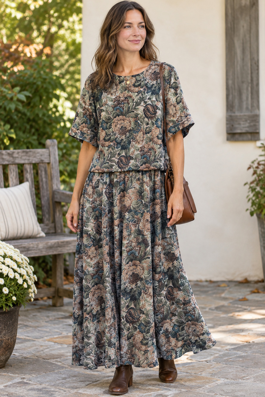 Vintage Stuart Alan Dark Floral Midi Dress 80s Cottagecore Romantic Boho M